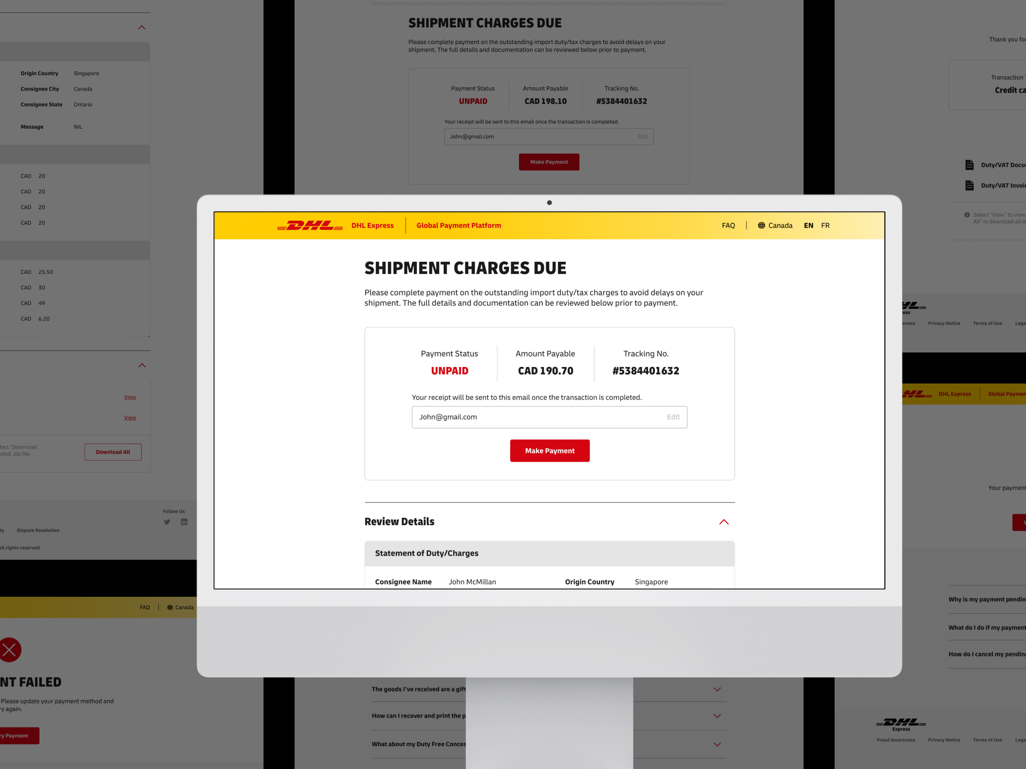 DHL Express Advanced Duty Charges global payment platform shipment charges page
