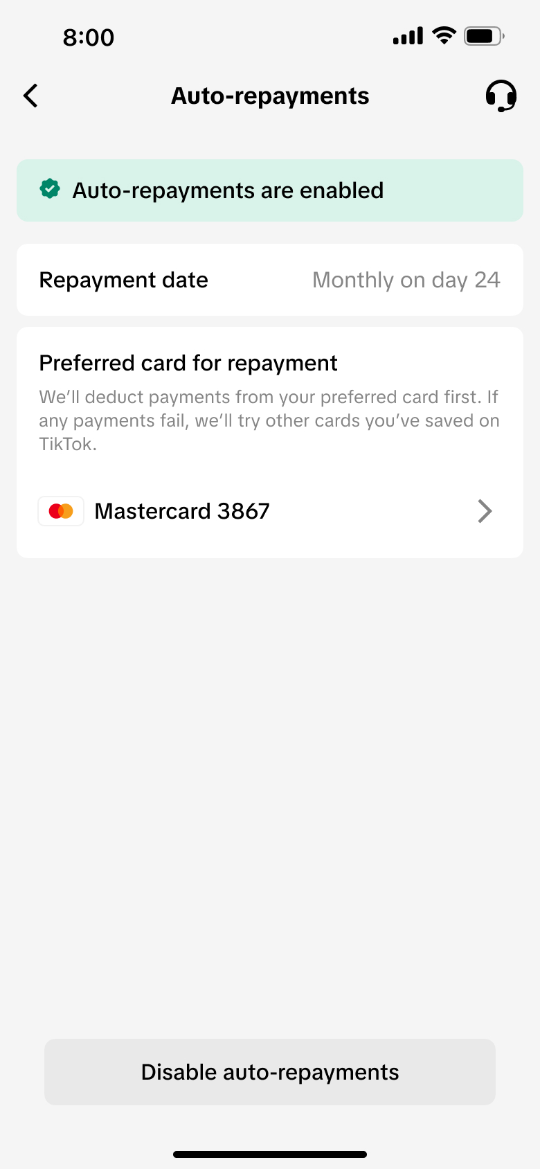 TikTok PayLater auto-repayments settings screen