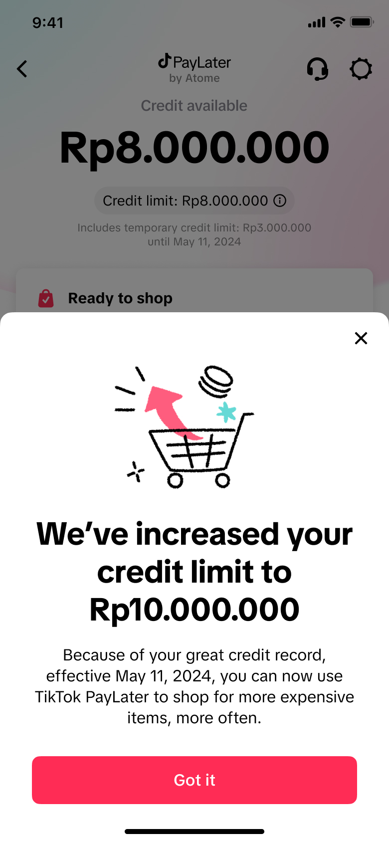 TikTok PayLater credit limit increase celebration screen