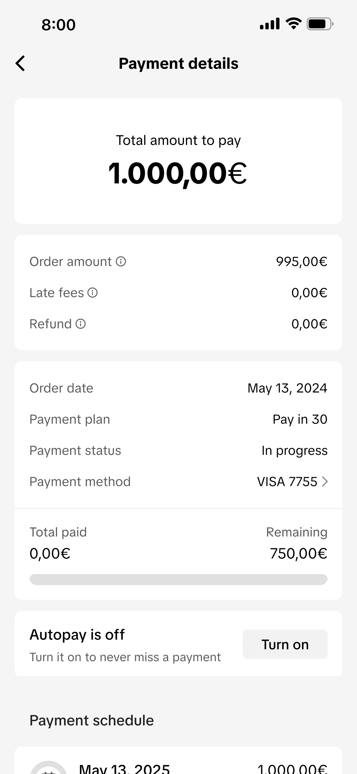 EU Pay-in-30 payment details screen