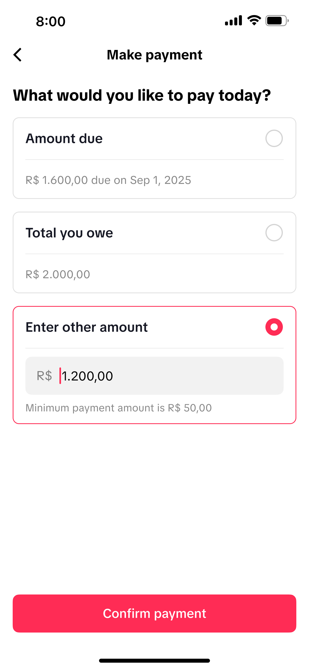 Brazil make payment screen with custom amount entry
