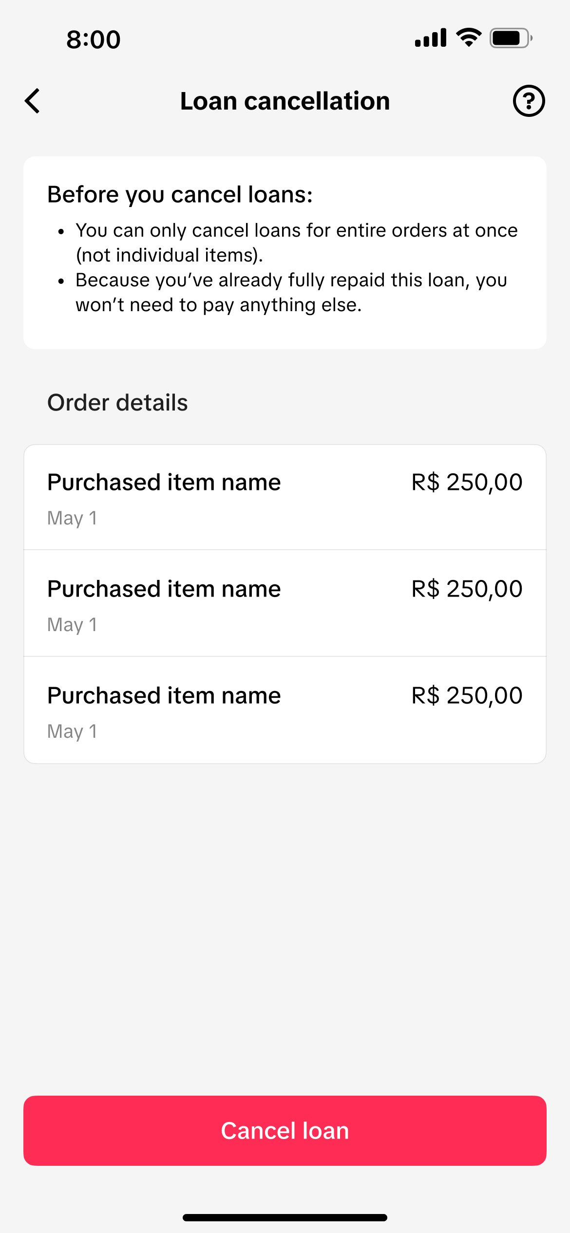 Brazil 7-day loan cancellation screen