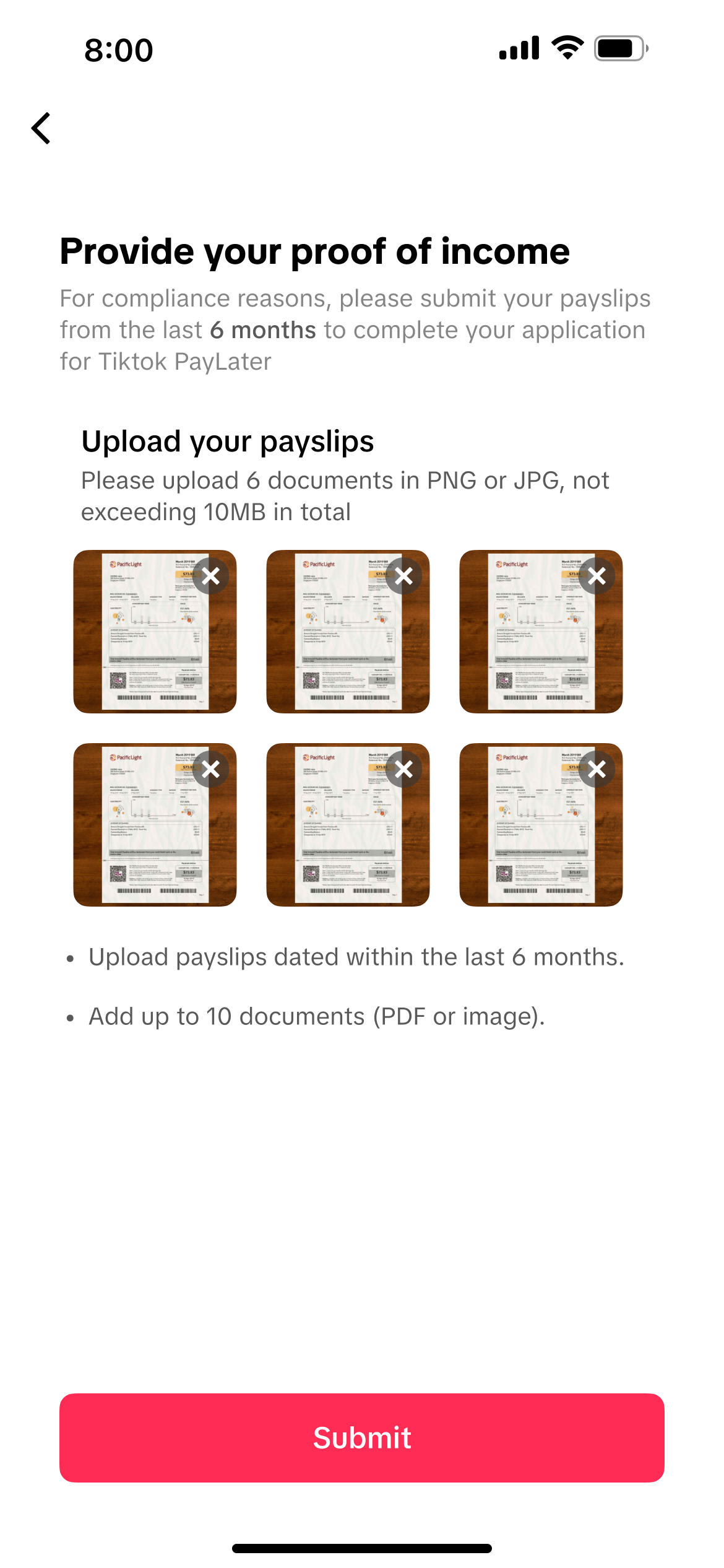 Thailand payslip upload screen with 6-month requirement