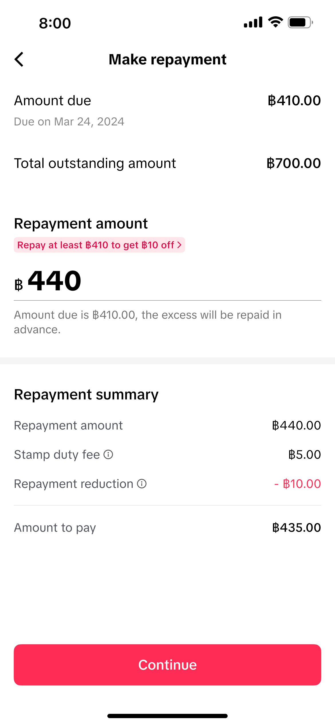 Thailand stamp duty fee disclosed in repayment summary