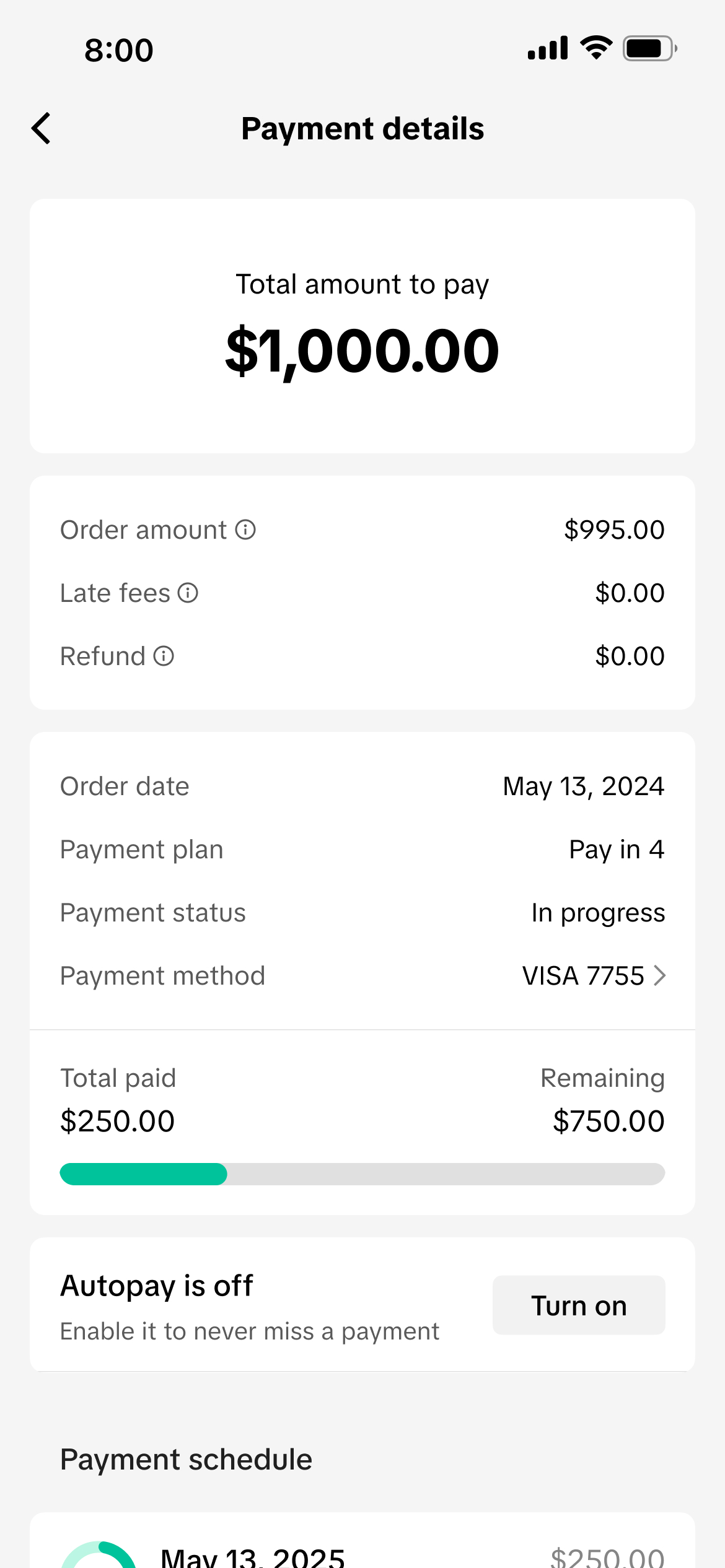 US payment details screen showing pay-in-4 plan