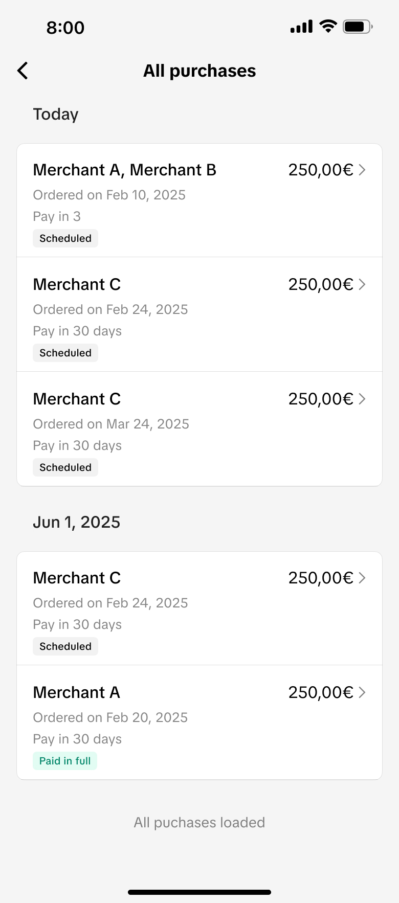 TikTok PayLater EU — purchases screen