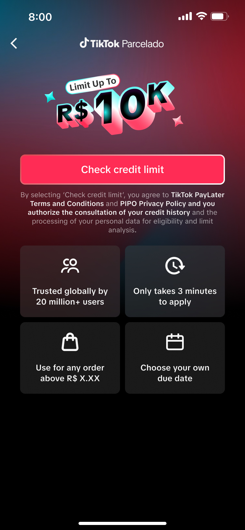 TikTok PayLater LATAM — activation screen