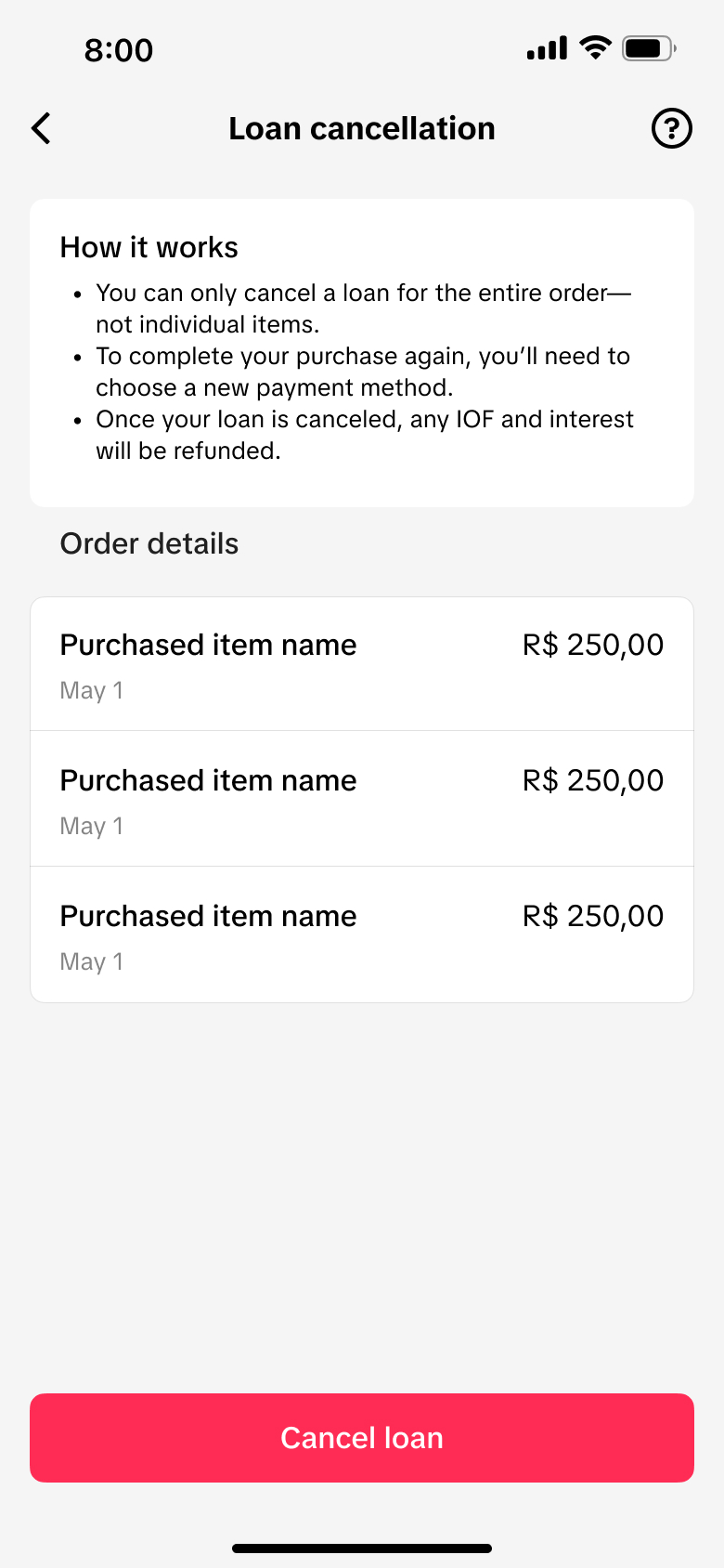 TikTok PayLater LATAM — loan cancellation screen