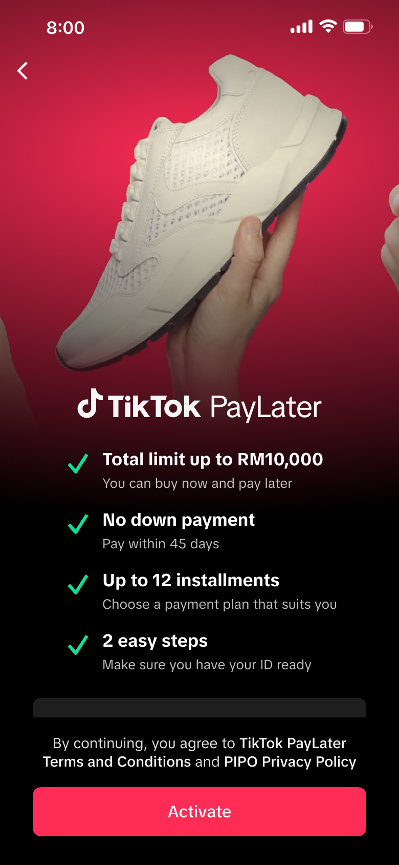TikTok PayLater SEA — activation screen