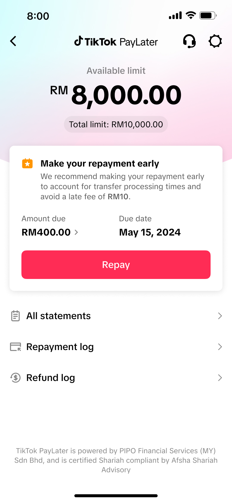 TikTok PayLater SEA — repayment screen